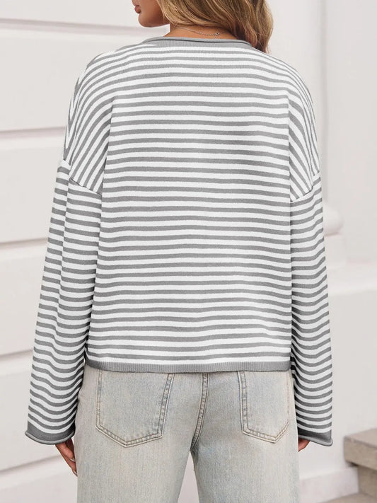 Grey Stripe Button Sweater