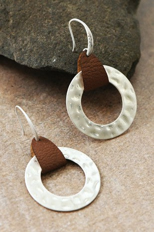 Hammered Circle with Leather Touch Earrings