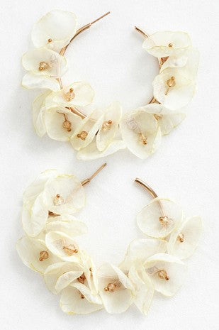 Fabric Petal Flower Hoop Earrings with Glass Beads