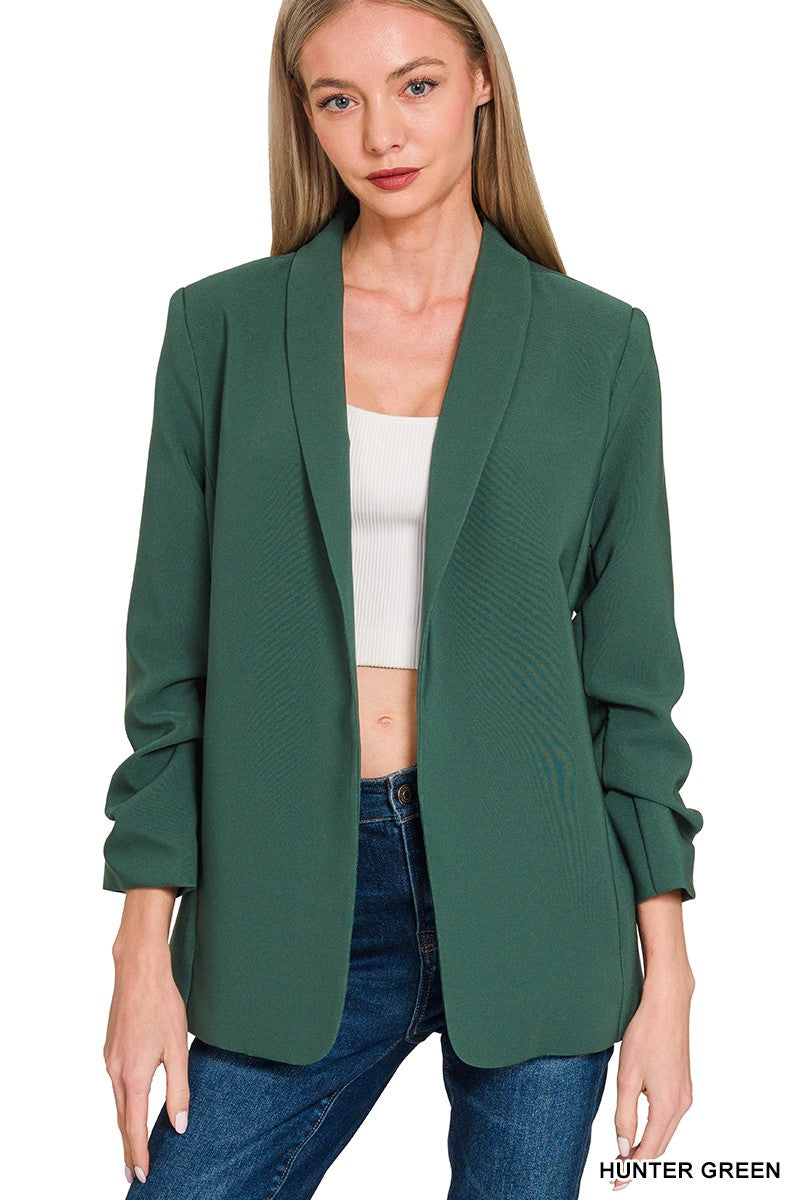 Green Ruched Sleeve Blazer