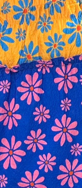 Close-up of fabric with pink floral pattern on blue and yellow background