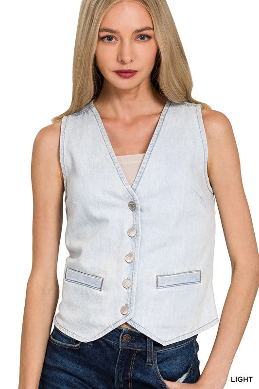 Light denim vest worn by a model on a white background