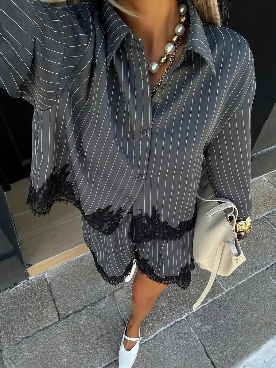 Elevated Striped Button Down & Lace Trim 2 Piece Short Set