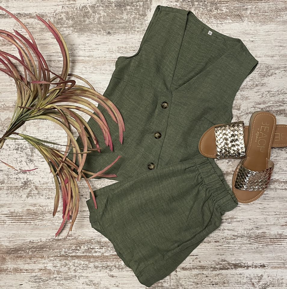 Flat lay photo of Parchment Button Up Front Green Top and Bottom Tie Back Set