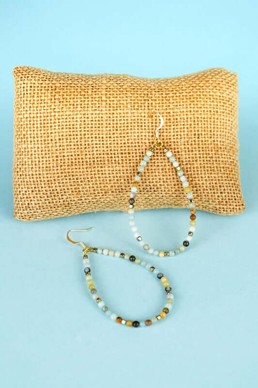 Fishhook dangle seed bead teardrop hoops. Gold and gray.