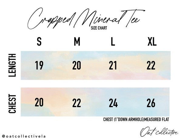 Size chart for a cropped mineral tee with measurements for length and chest size.