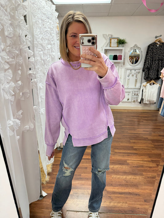 Lavender Acid Wash Ribbed Pullover