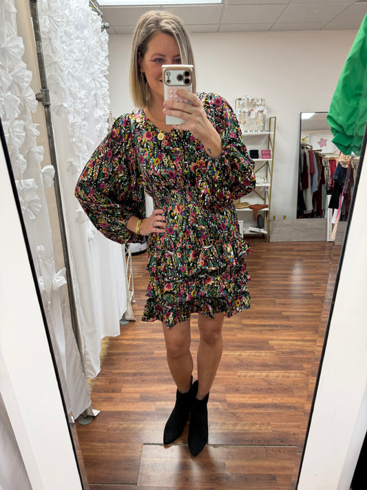 Satin Floral Ruffle Dress