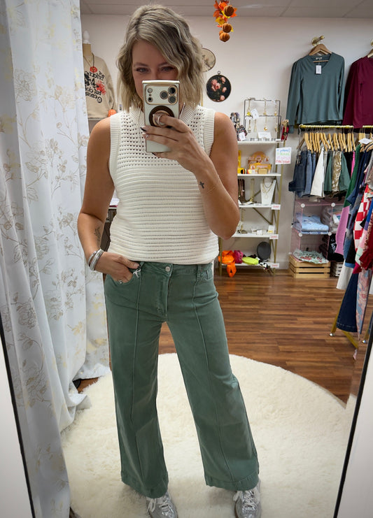 Olive Pintuck Wide Leg Jeans