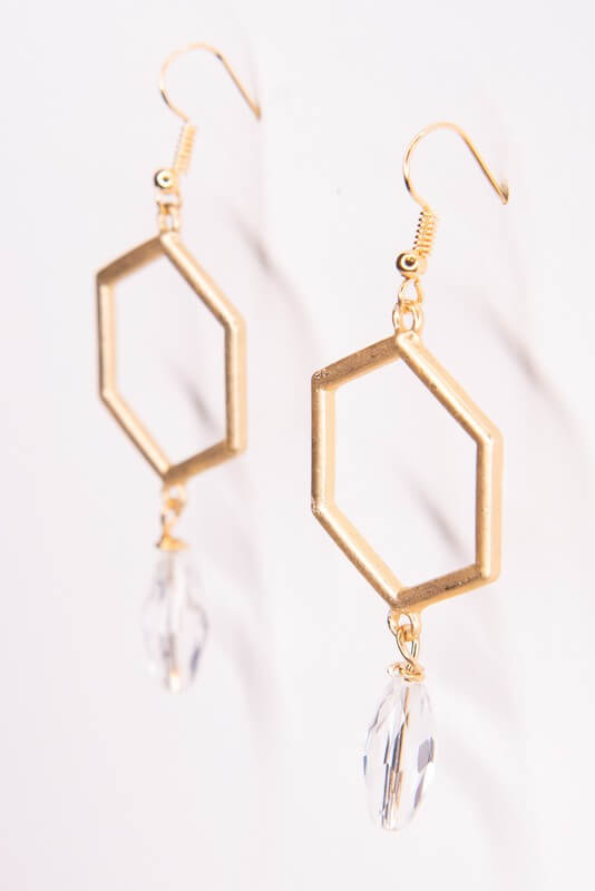Gold fishhook earrings with a hexagon and crystal bead. Lightweight