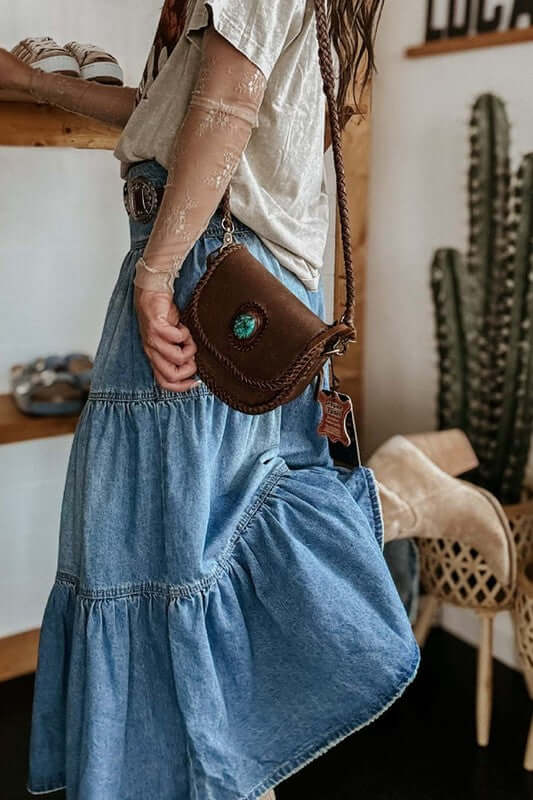 High Waist Flowy Tiered Button Front Denim Skirt