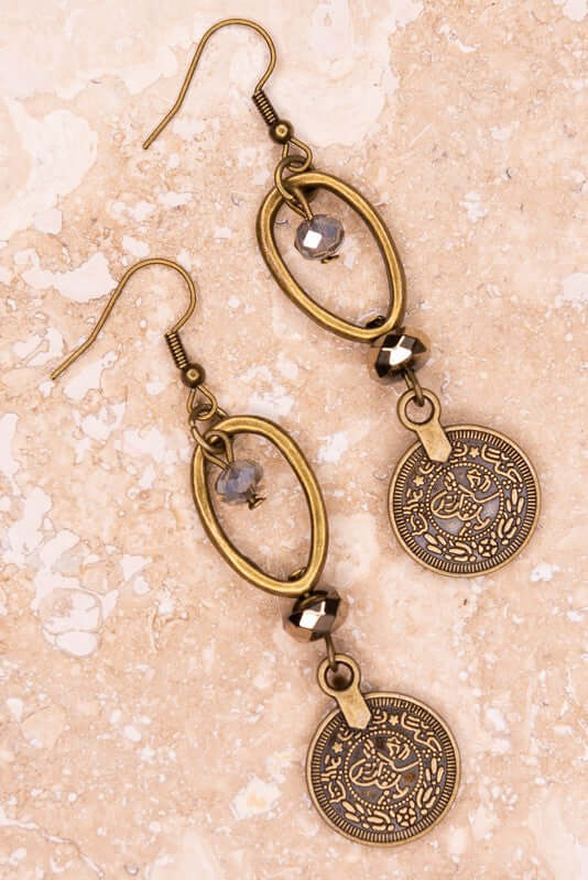 Fishhook earrings with small intricate small coin charm and hoop w/ beaded detail