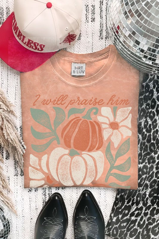 I Will Praise Him Pumpkin Tee - A cozy fall-inspired graphic tee featuring a beautifully designed pumpkin and uplifting faith-based message. Perfect for autumn outings, Sunday gatherings, or casual everyday wear. Soft fabric, vibrant design, and a meaningful statement all in one!