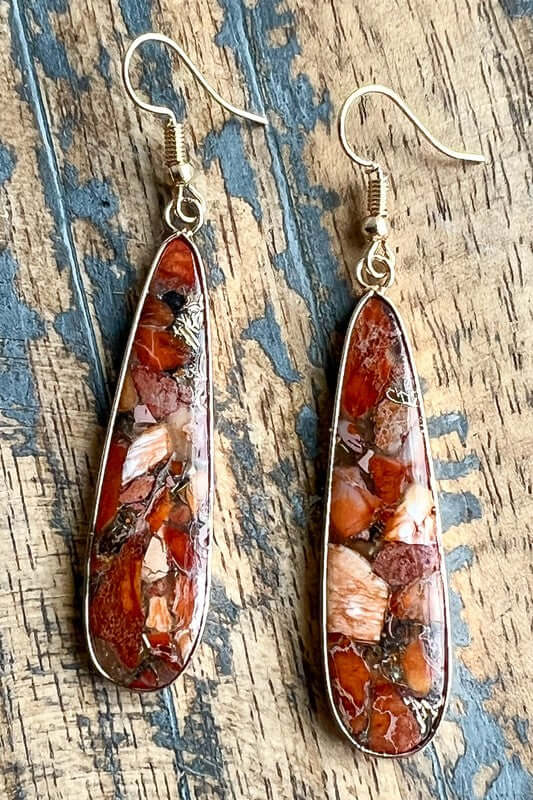 Gold fishhook mixed stone skinny teardrop earrings Length: 2.5"