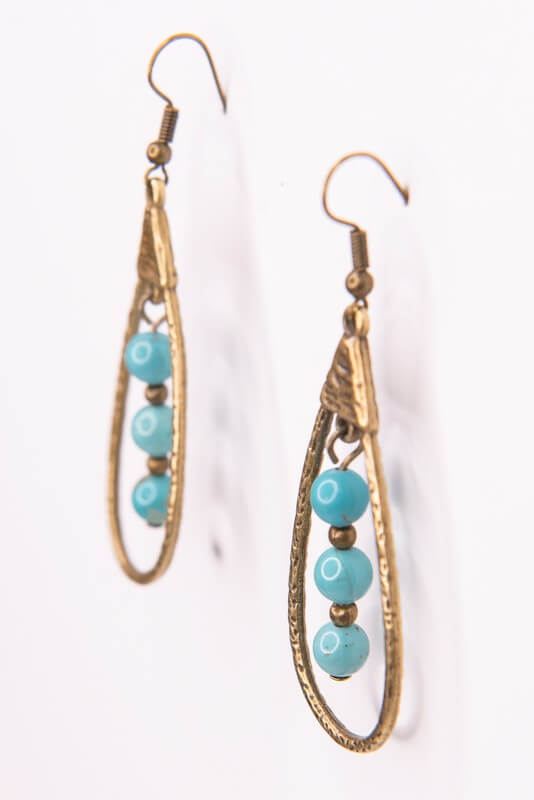 Fish hook bronze teardrop shape dangle earring with 3 turquoise beads in the center of teardrop Length form top of fishhook