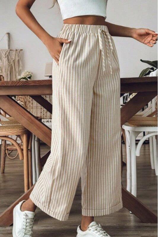 Striped Wide Leg Cropped Striped Tie Front Cuff Bottom Light Yellow Pants