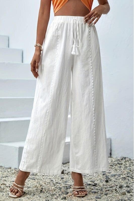 Tassel Wide Leg Pants Ribbed Detail Tassel Tie White