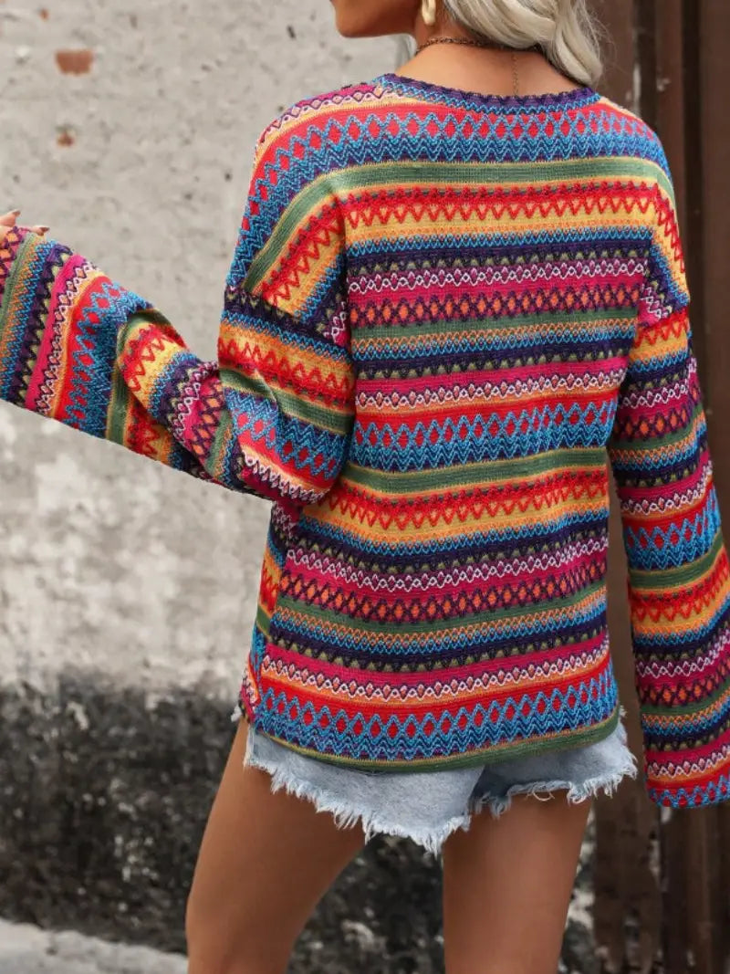 Boho Geometric Bell Sleeve Knit Top