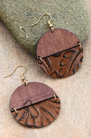 Wood and Brown Leather Drop Earrings