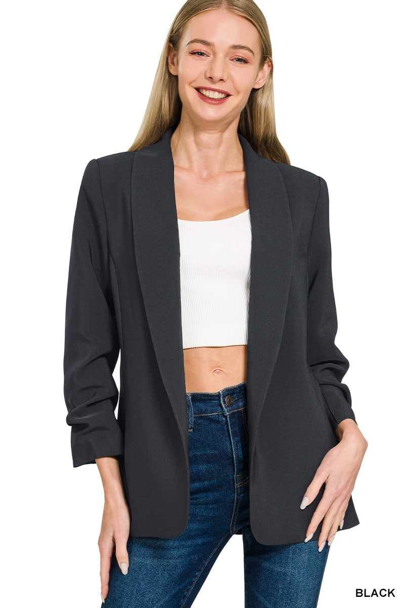 Black Ruched Sleeve Blazer