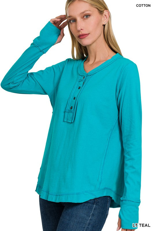 Thumb Hole Button Up Top in Teal