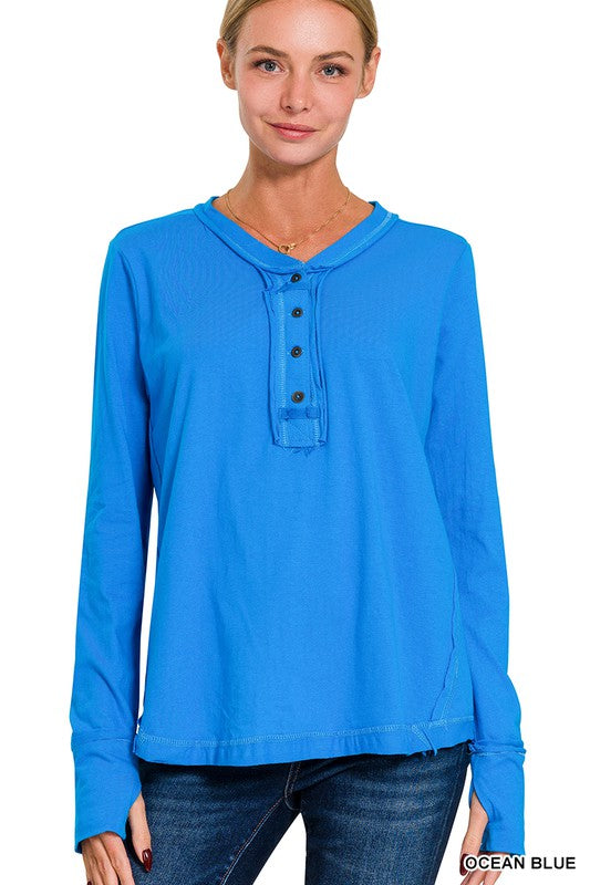 Thumb Hole Button Up Top in Blue
