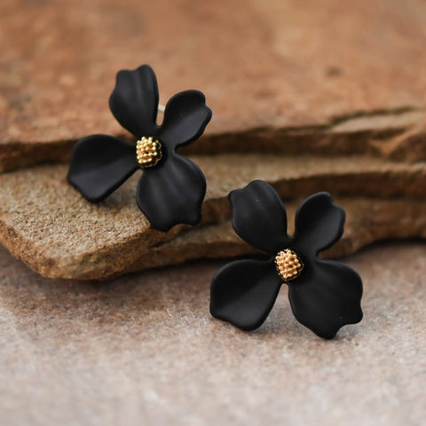 Black Metal Flower Stud Earrings