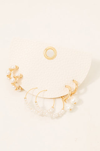 Set of 3 Pearl Earrings in Gold