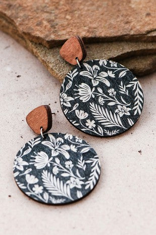 Floral Boho Painted Wood Drop Earrings in Black