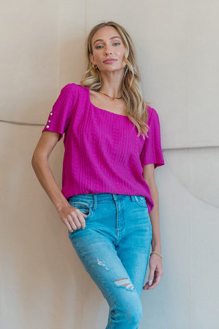 Short Sleeve Cable Knit Top in Magenta