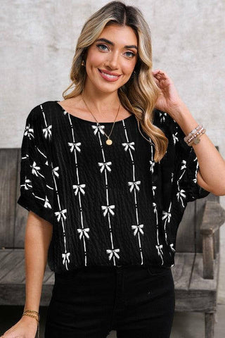 Puff Sleeve Bow Print Top