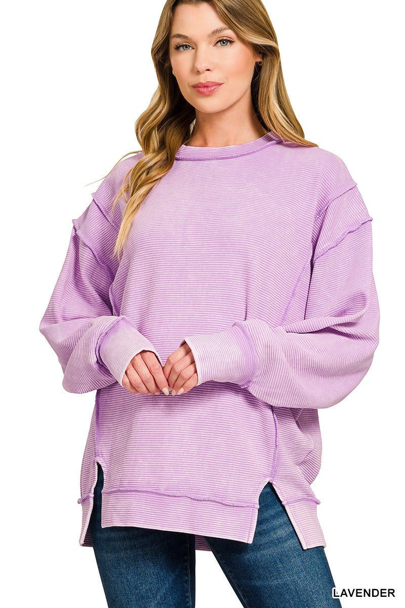 Lavender Acid Wash Ribbed Pullover