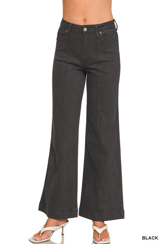 Black Pintuck Wide Leg Jeans