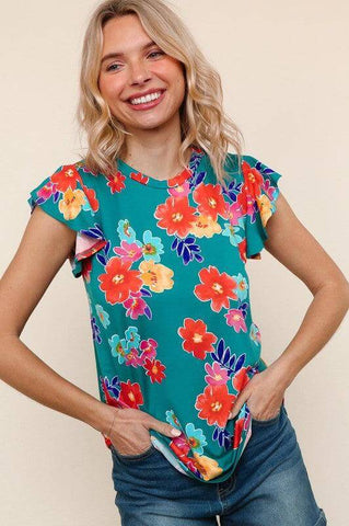 Teal & Scarlet Floral Top