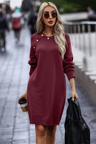 Button Trim Sweater Dress in Wine (FINAL SALE ITEM)