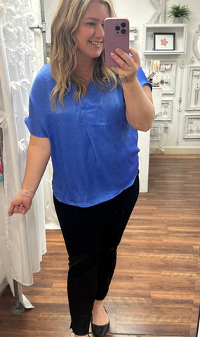 Pleat Front V-Neck Top in Royal Blue