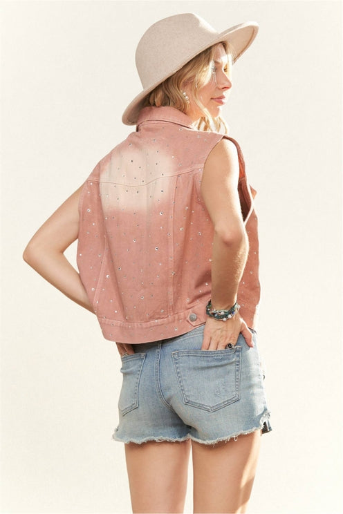 Pink Rhinestone Denim Vest