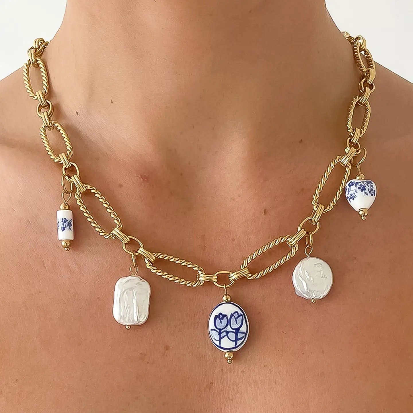 Blue Floral Chain Necklace