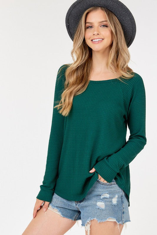 Key Hole Waffle Knit Top in Green