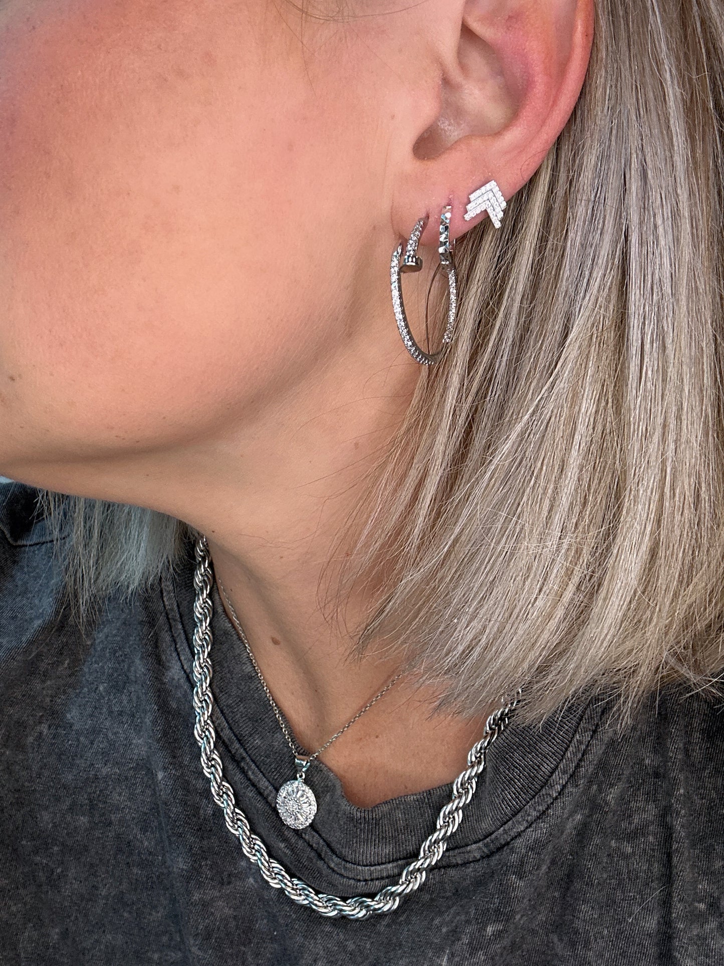 Diamond Nail Silver Hoop