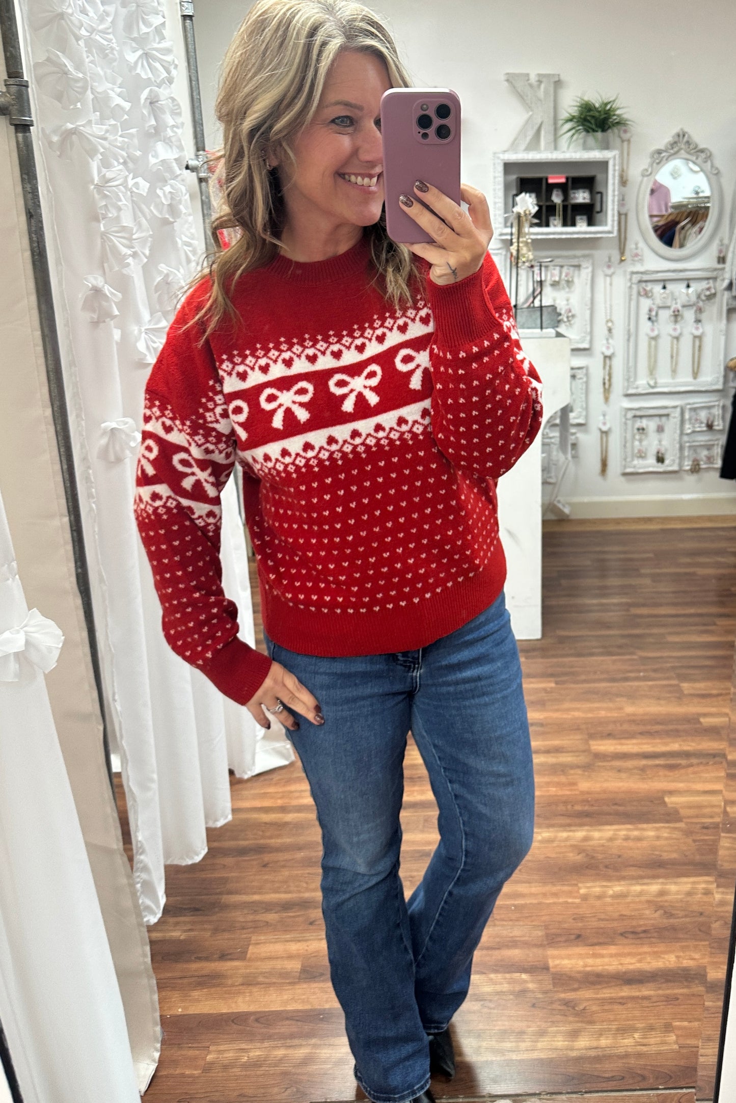 Heart & Bow Jacquard Knit Pullover Sweater