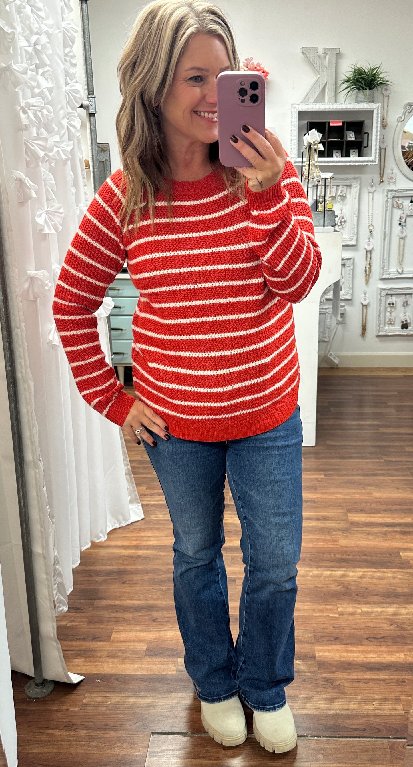 Crimson Waffle Stripe Sweater