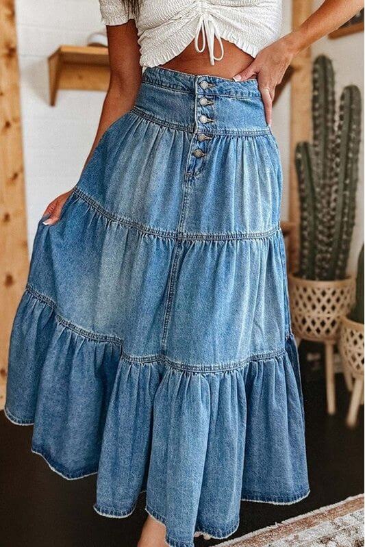 High Waist Flowy Tiered Button Front Denim Skirt