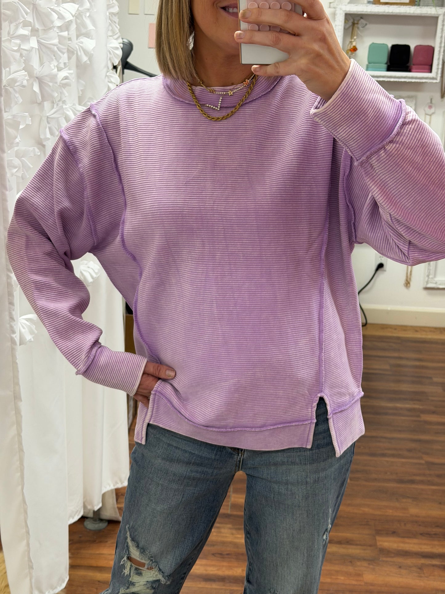 Lavender Acid Wash Ribbed Pullover