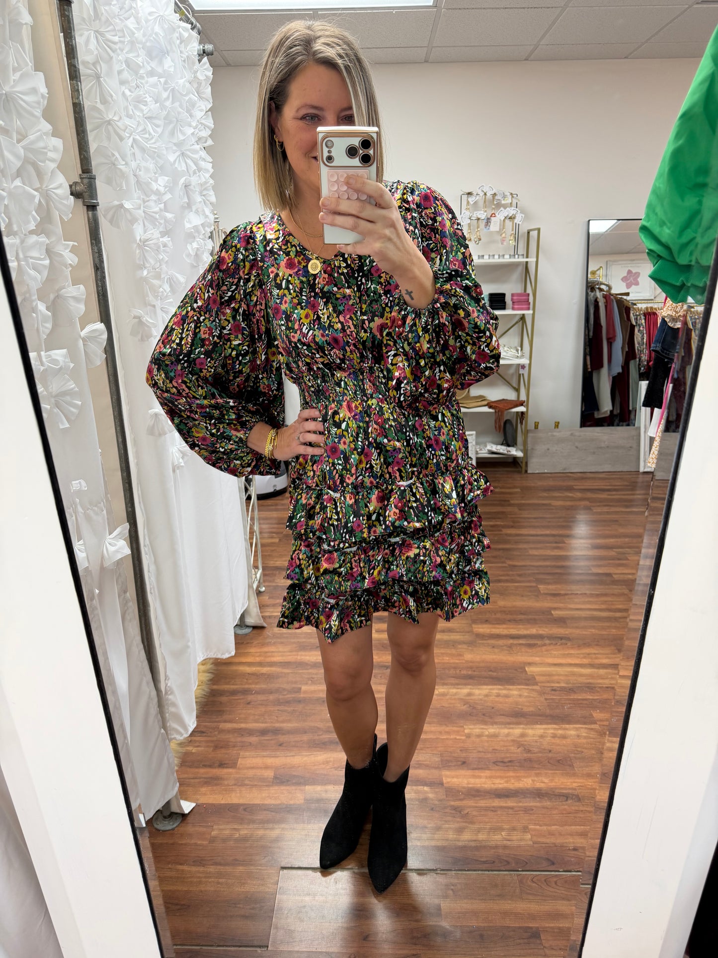 Satin Floral Ruffle Dress