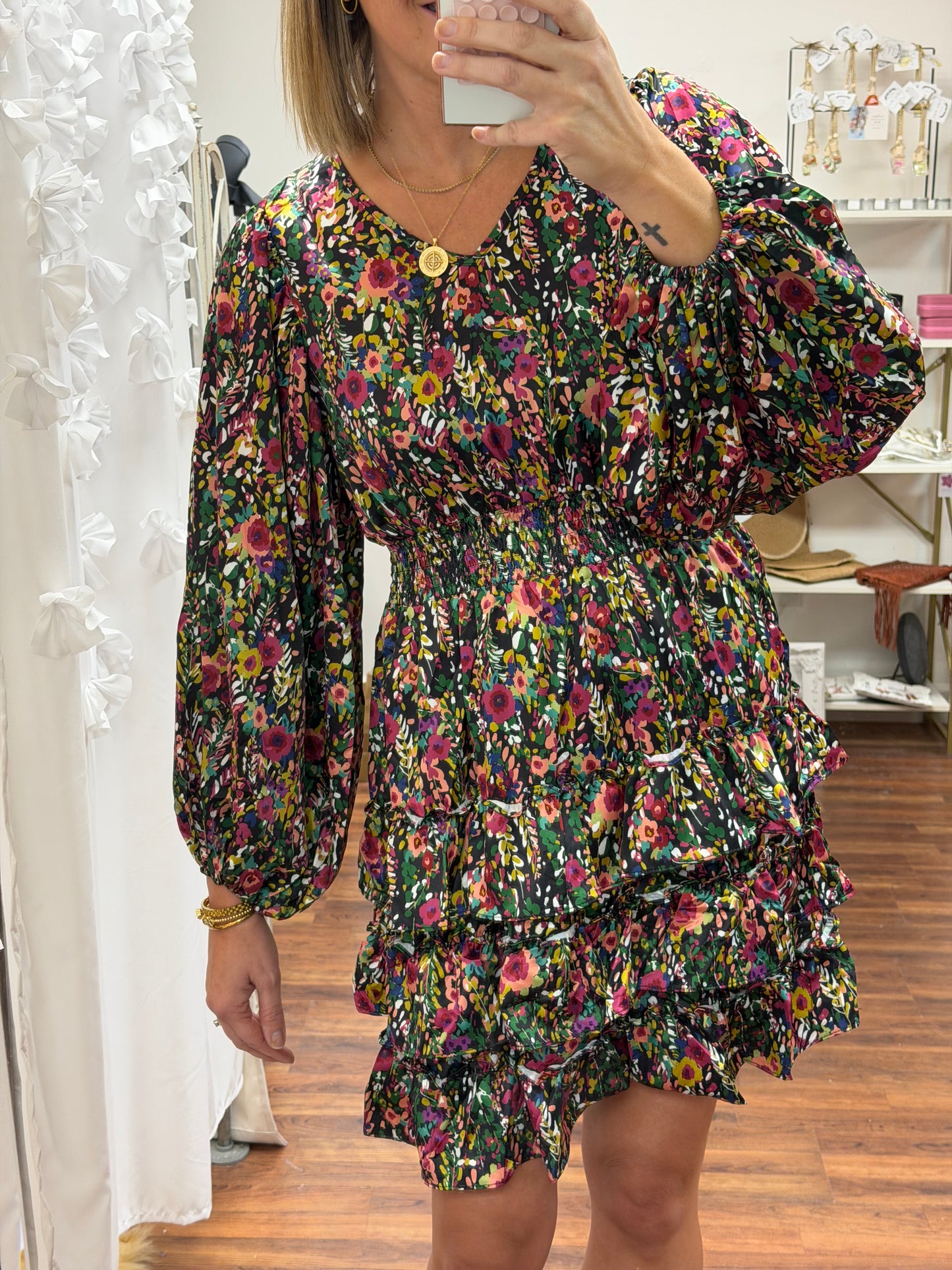 Satin Floral Ruffle Dress