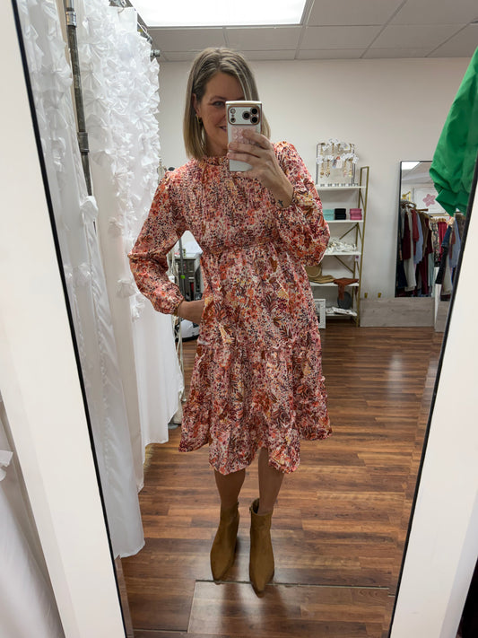 Midi Satin Tiered Floral Dress