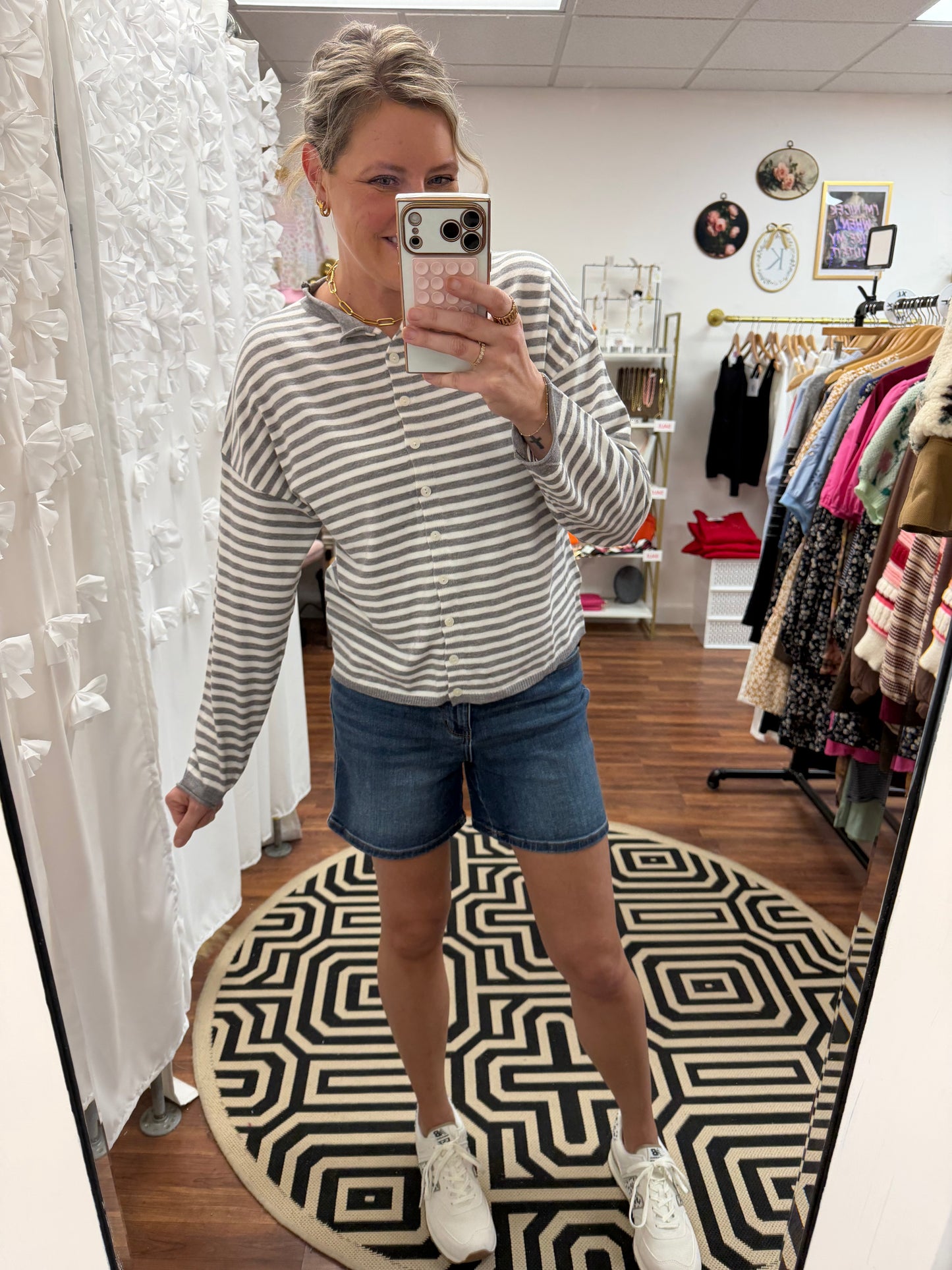 Grey Stripe Button Sweater
