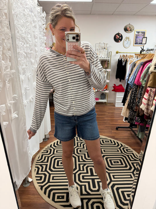 Grey Stripe Button Sweater