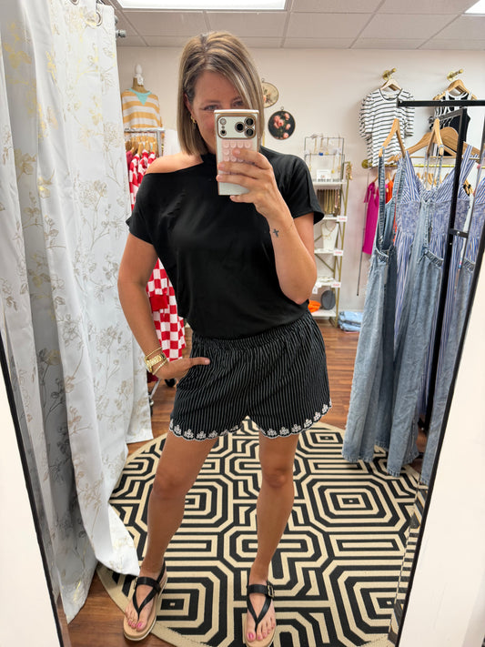 Black White Embroidered Shorts